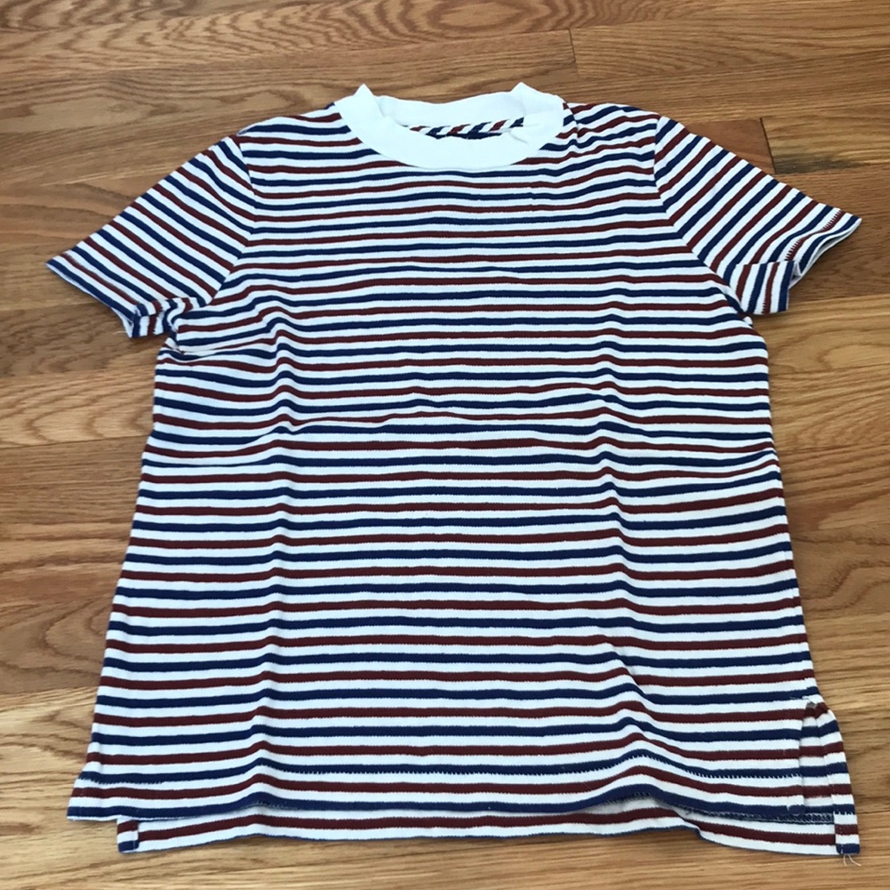 Madewell blue, maroon, and white striped shirt